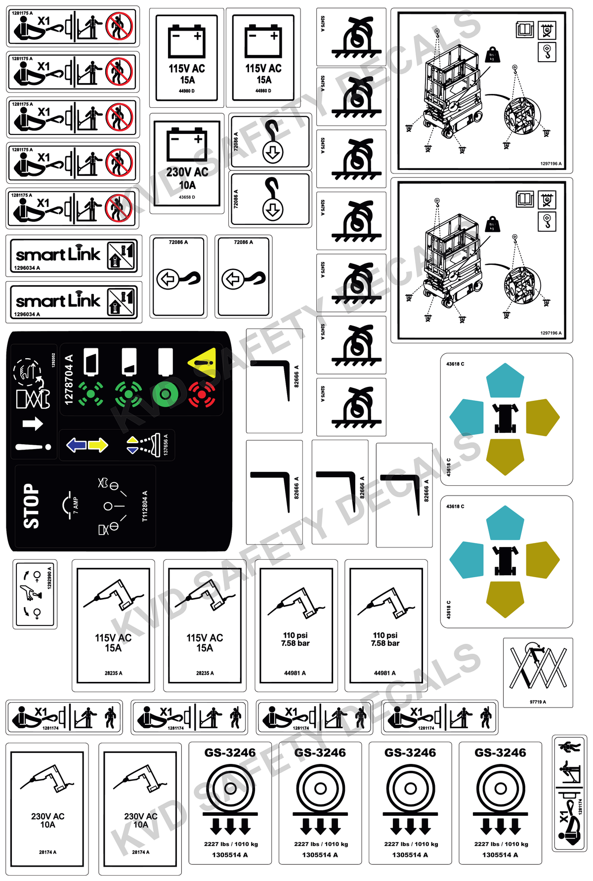 Genie GS3246 E-Drive safety decal kit – 50 white and control-panel decals with black outlines and KVD Safety Decals watermark
